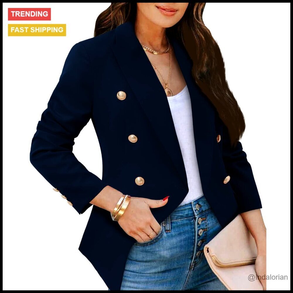Gold Button Blazer Jacket Long Sleeve Lapel Open Front Work Office Casual